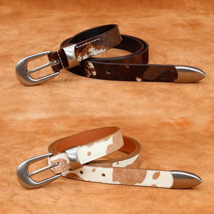 Faux Fur Cow Print Classic Silver Buckle Leather Belt - image 4