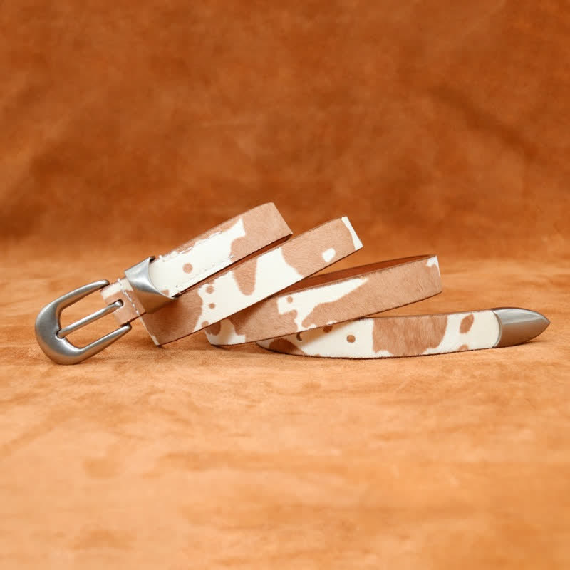 Faux Fur Cow Print Classic Silver Buckle Leather Belt - image 2