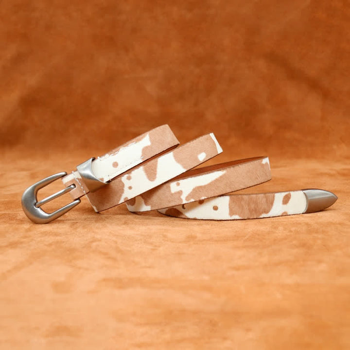 Faux Fur Cow Print Classic Silver Buckle Leather Belt - image 2