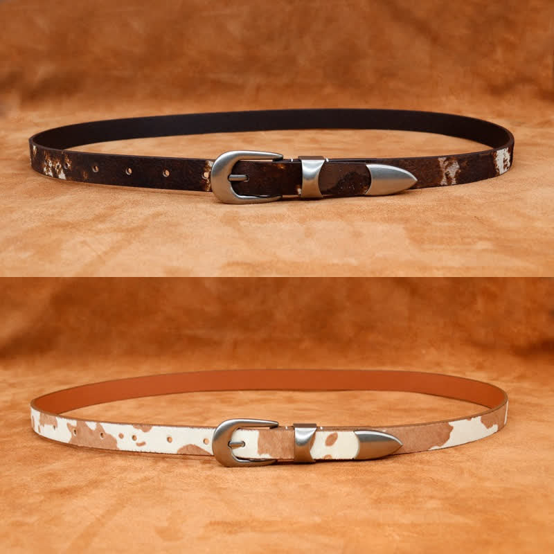 Faux Fur Cow Print Classic Silver Buckle Leather Belt - image 5