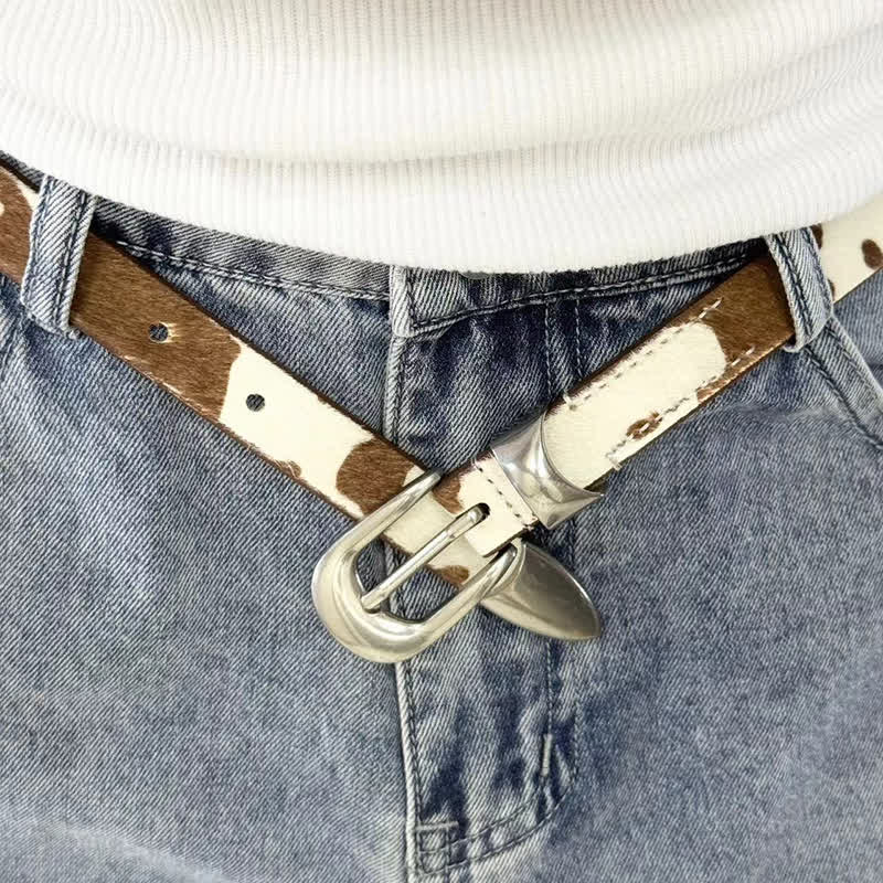 Faux Fur Cow Print Classic Silver Buckle Leather Belt - image 0