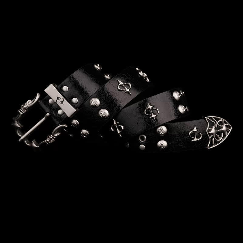 Punk Silver Rivets Design Motorcycle Black Leather Belt - Black - 38 - image 0
