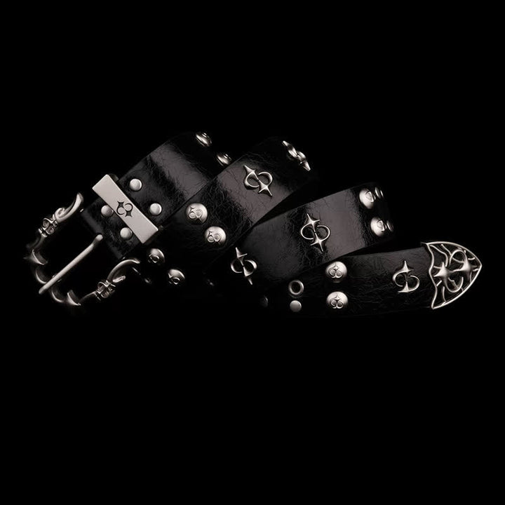Punk Silver Rivets Design Motorcycle Black Leather Belt - Black - 38 - image 0