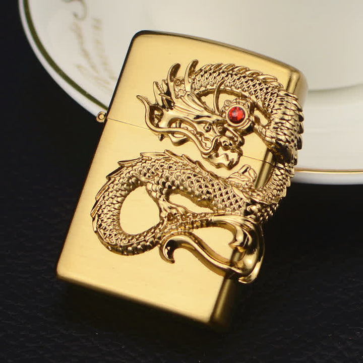 Three Sided Embossed Dragon Refillable Butane Lighter - Gold - image 8