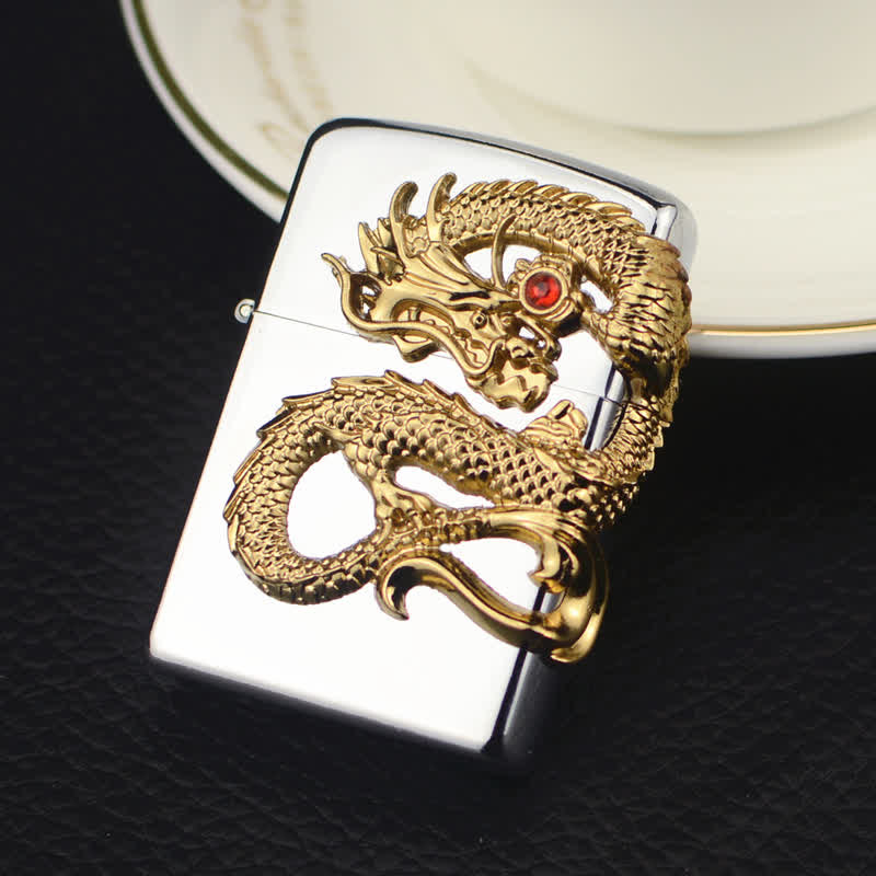 Three Sided Embossed Dragon Refillable Butane Lighter - Silver - image 6
