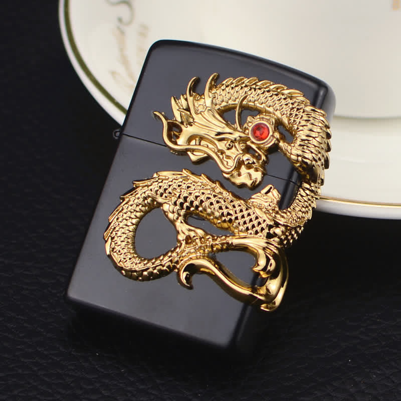 Three Sided Embossed Dragon Refillable Butane Lighter - Black - image 0