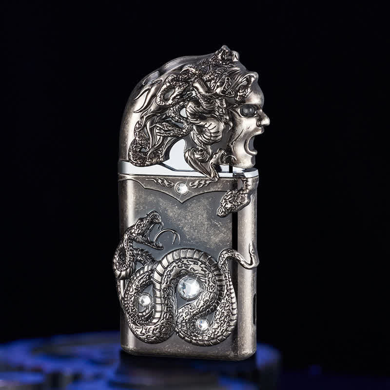 Fancy Snake Rhinestone Inlaid Refillable Butane Lighter - Antique Silver - image 6