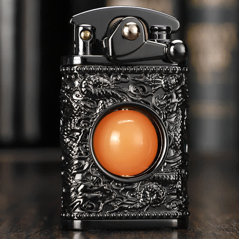 Dragon Playing With Orange Bead Refillable Butane Lighter - Black - image 1