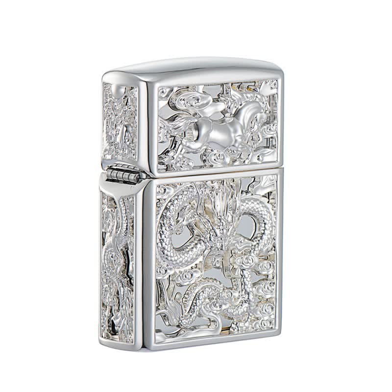 Embossed 3D Carving Dragon Refillable Kerosene Lighter - Silver - image 5