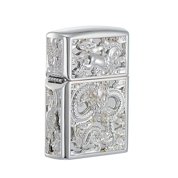 Embossed 3D Carving Dragon Refillable Kerosene Lighter - Silver - image 7