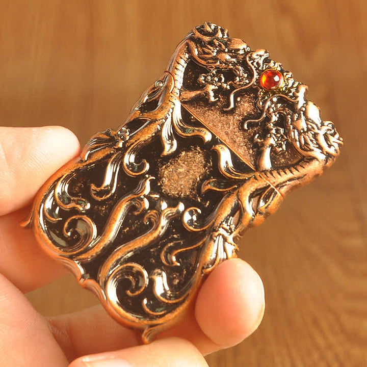 Double Dragon Two Tone Color Refillable Kerosene Lighter - Antique Red Bronze - image 5
