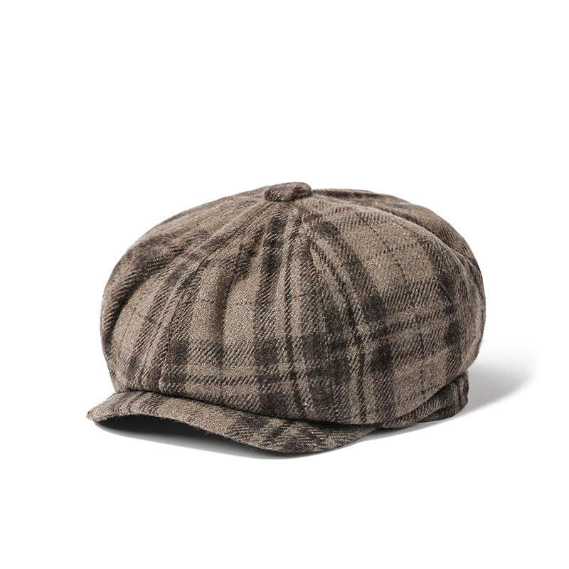 Vintage Plaid Cowboy Gentlemen Octagonal Beret Hat - Khaki - M (22"-22 7/8") - image 0