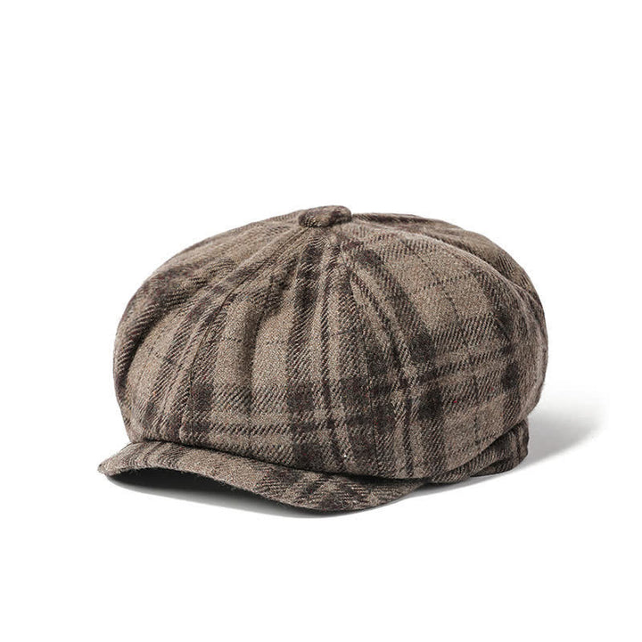 Vintage Plaid Cowboy Gentlemen Octagonal Beret Hat - Khaki - M (22"-22 7/8") - image 0