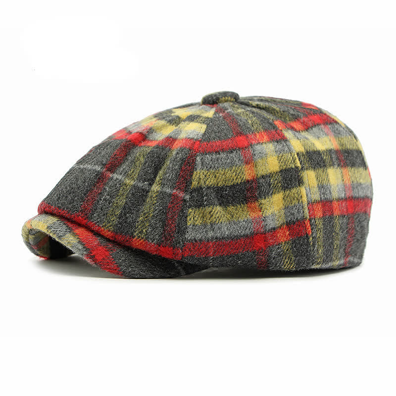 Traditional Plaid Eight Panel Newsboy Cap British Beret Hat - Red & Yellow - Adjustable (21 5/8"-23 1/4") - image 0