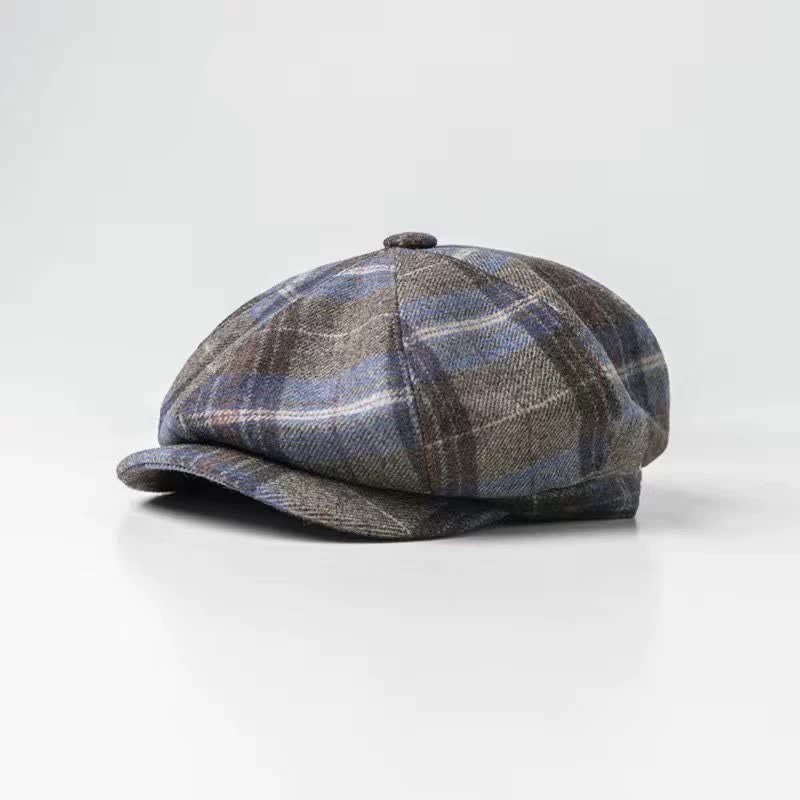 Classical Plaid Artist Painter Octagon Beret Hat - Gray & Blue - M (22"-22 7/8") - image 2