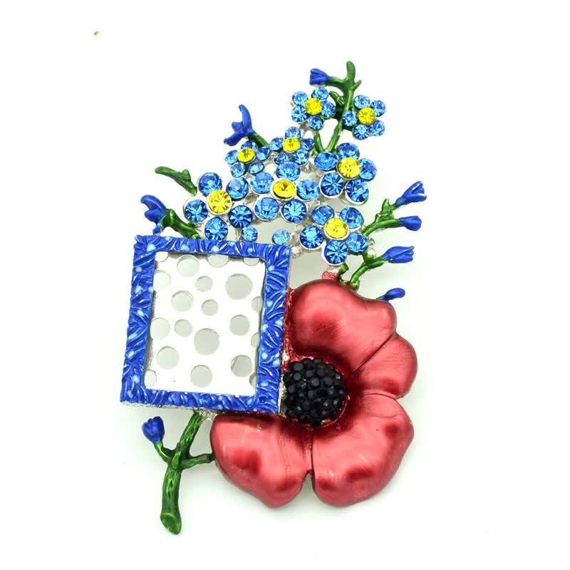 Poppy Rhinestone Flower Brooch with Picture Frame - Red & Blue - image 0