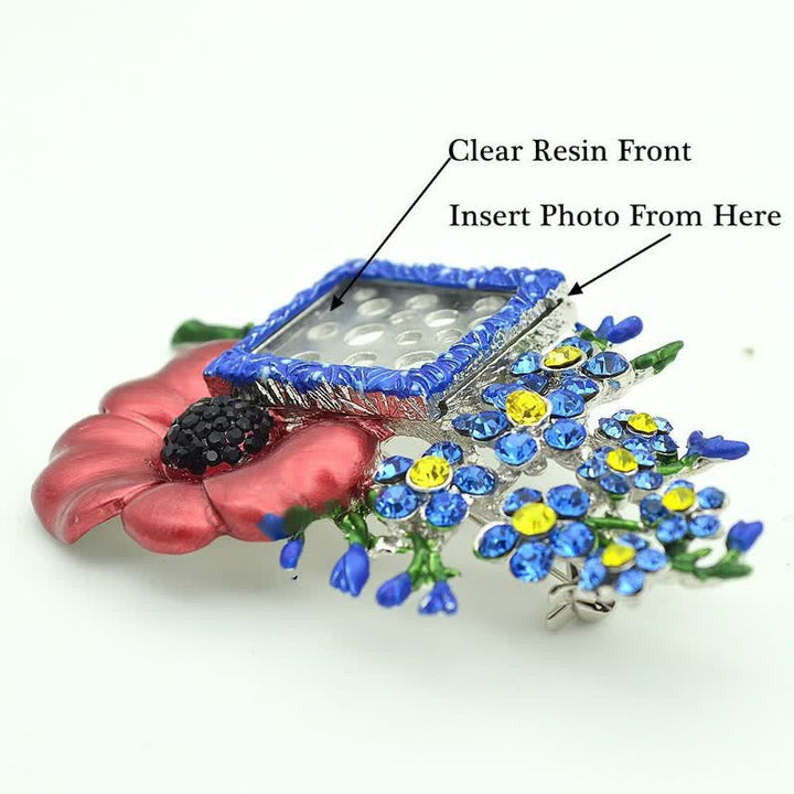 Poppy Rhinestone Flower Brooch with Picture Frame - image 3