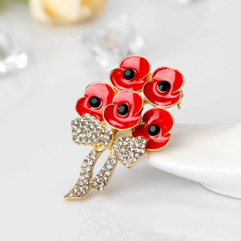 Five Red Poppies Bow Knot Rhinestone Flower Brooch - image 1
