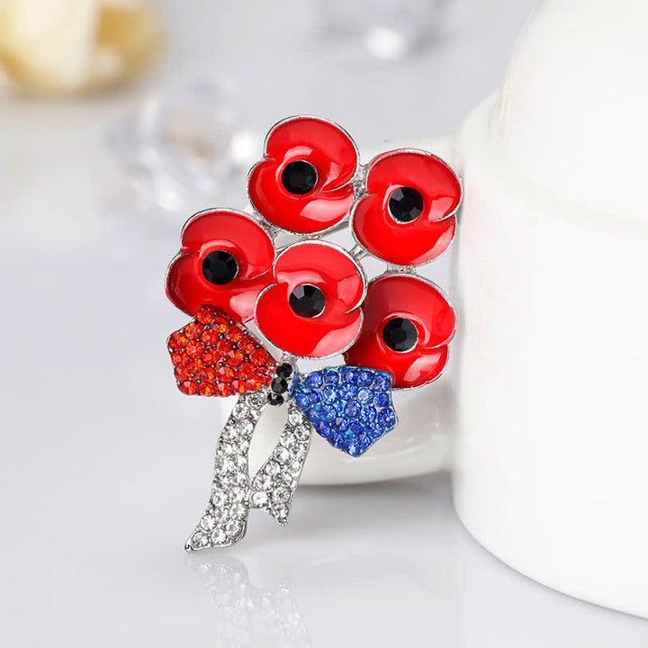 Five Red Poppies Bow Knot Rhinestone Flower Brooch - image 3