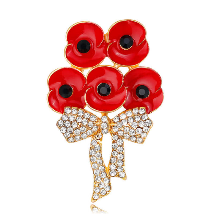 Five Red Poppies Bow Knot Rhinestone Flower Brooch - Gold - image 0