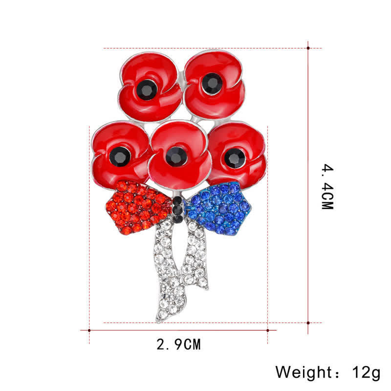 Five Red Poppies Bow Knot Rhinestone Flower Brooch - image 4