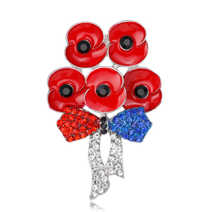 Five Red Poppies Bow Knot Rhinestone Flower Brooch - Silver - image 2