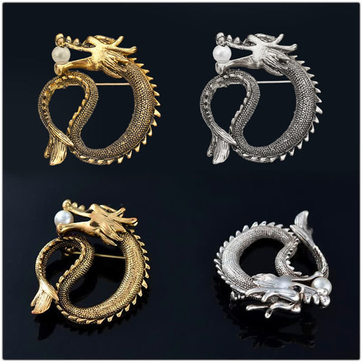 Men's Antique Tone Dragon Imitation Pearl Brooch - image 2