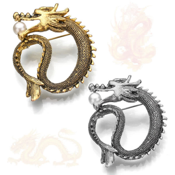 Men's Antique Tone Dragon Imitation Pearl Brooch - image 4