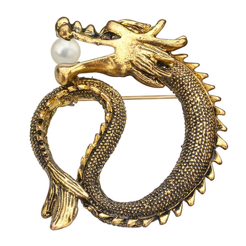 Men's Antique Tone Dragon Imitation Pearl Brooch - Antique Gold - image 1