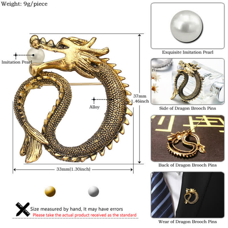 Men's Antique Tone Dragon Imitation Pearl Brooch - image 3