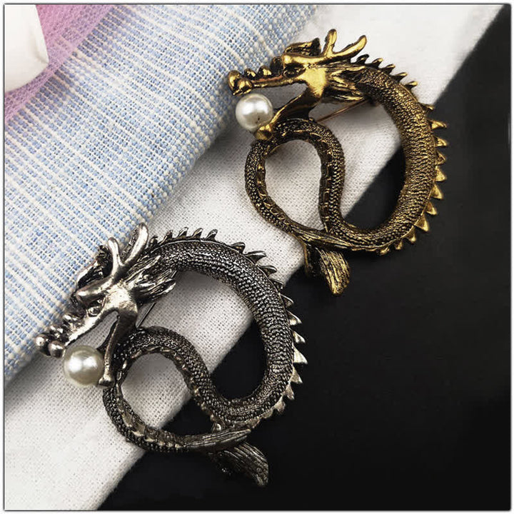 Men's Antique Tone Dragon Imitation Pearl Brooch - image 0