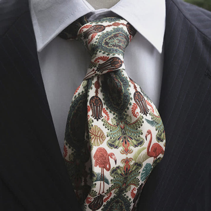 Men's Exotic Charming Flamingo Animals Printed Necktie - Green & White - image 0