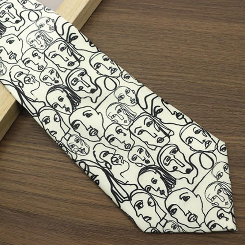 Men's Ivory & Black Abstract Faces Printed Necktie - image 2