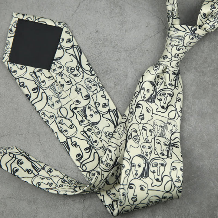 Men's Ivory & Black Abstract Faces Printed Necktie - image 3