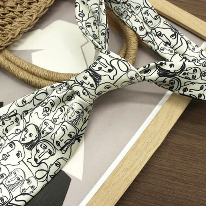Men's Ivory & Black Abstract Faces Printed Necktie - image 1