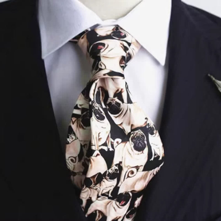Men's Black & Beige A Bunch Of Pugs Printed Necktie - Black & Beige - image 0