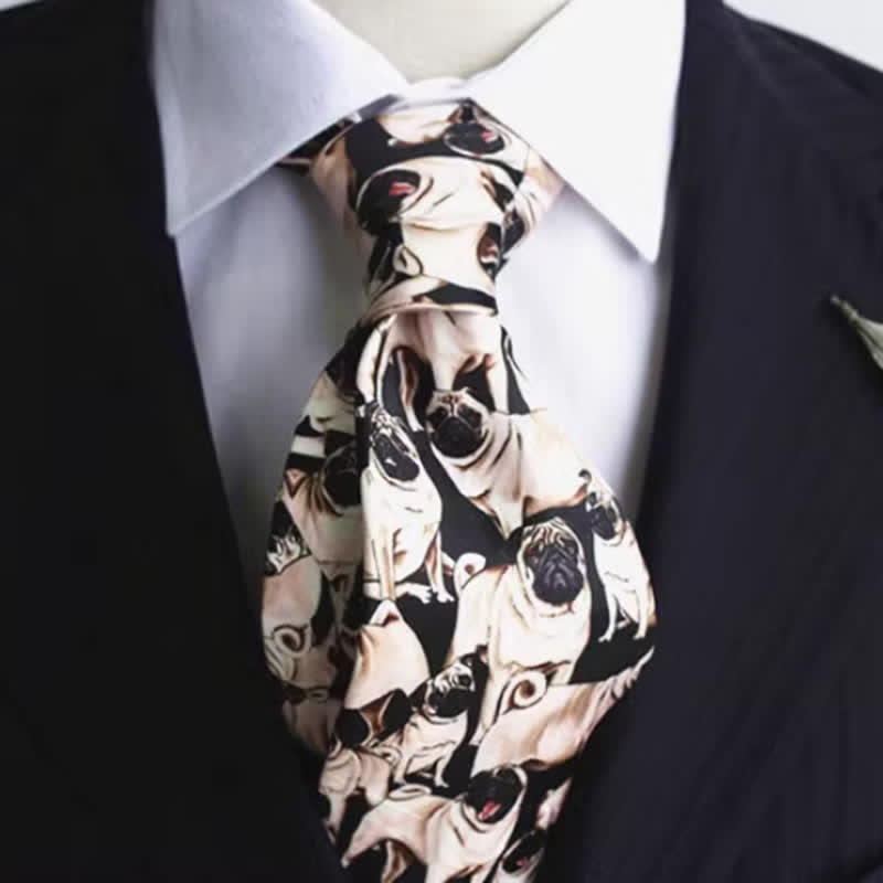 Men's Black & Beige A Bunch Of Pugs Printed Necktie - Black & Beige - image 0