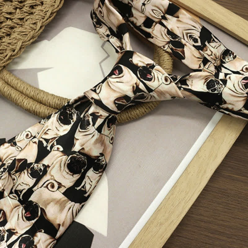 Men's Black & Beige A Bunch Of Pugs Printed Necktie - image 1