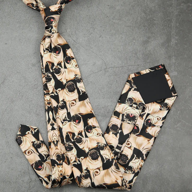 Men's Black & Beige A Bunch Of Pugs Printed Necktie - image 3