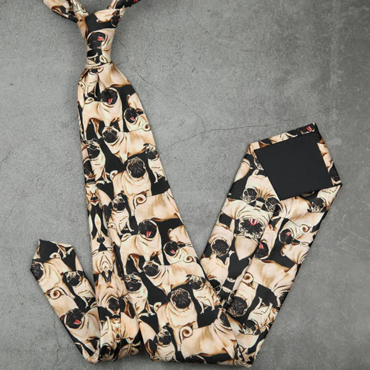Men's Black & Beige A Bunch Of Pugs Printed Necktie - image 3