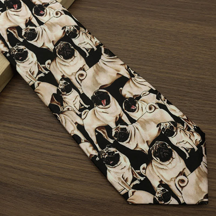Men's Black & Beige A Bunch Of Pugs Printed Necktie - image 2