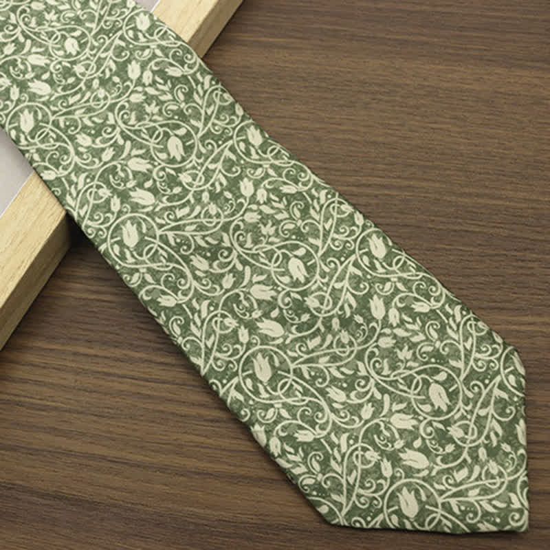 Men's Green & White Vine Floral Printed Necktie - image 2