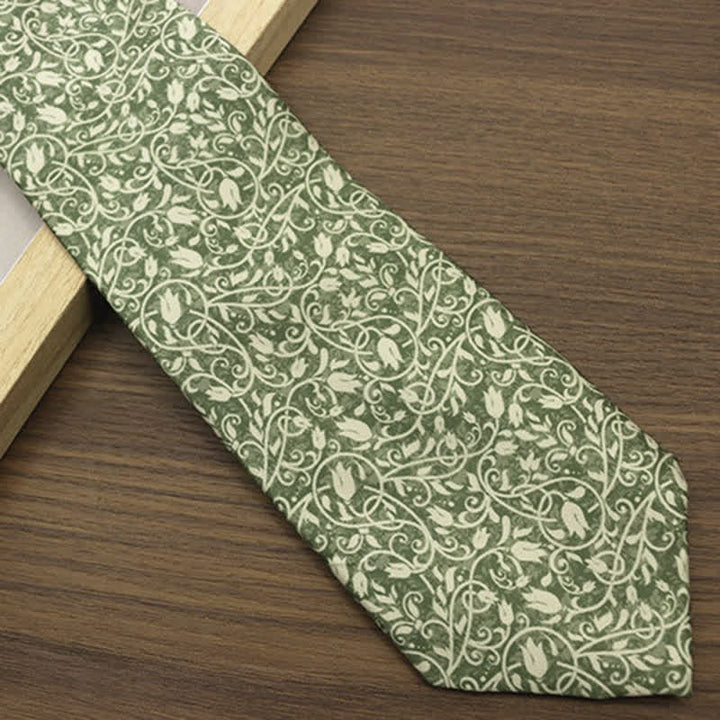 Men's Green & White Vine Floral Printed Necktie - image 2