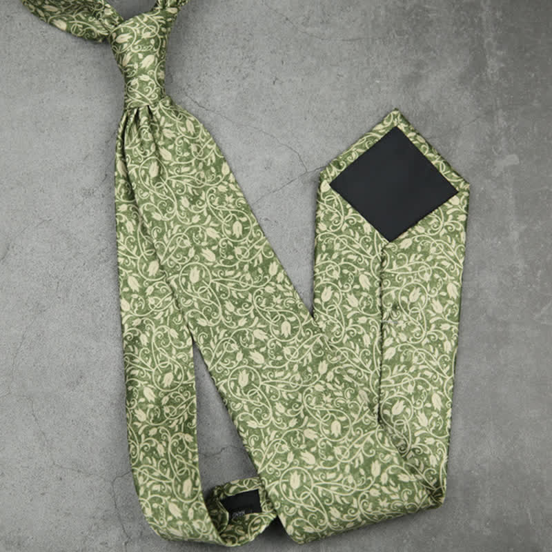 Men's Green & White Vine Floral Printed Necktie - image 3