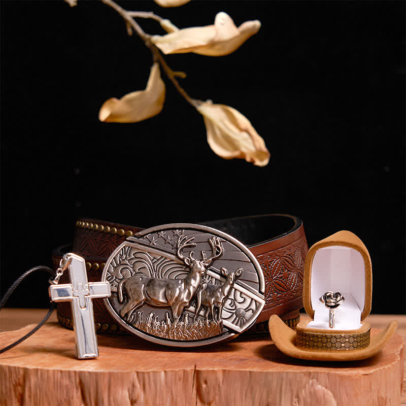 Creative DIY Deer Hidden Knife Belt Buckle Cross Necklace Rose Ring Bundle Set - Deer - Brown Rivet Belt - 42 - image 6