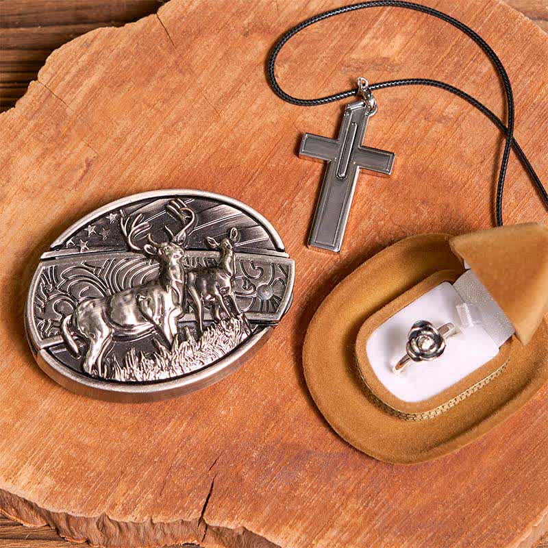 Creative DIY Deer Hidden Knife Belt Buckle Cross Necklace Rose Ring Bundle Set - Deer - Without Belt - Not Included Belt - image 1