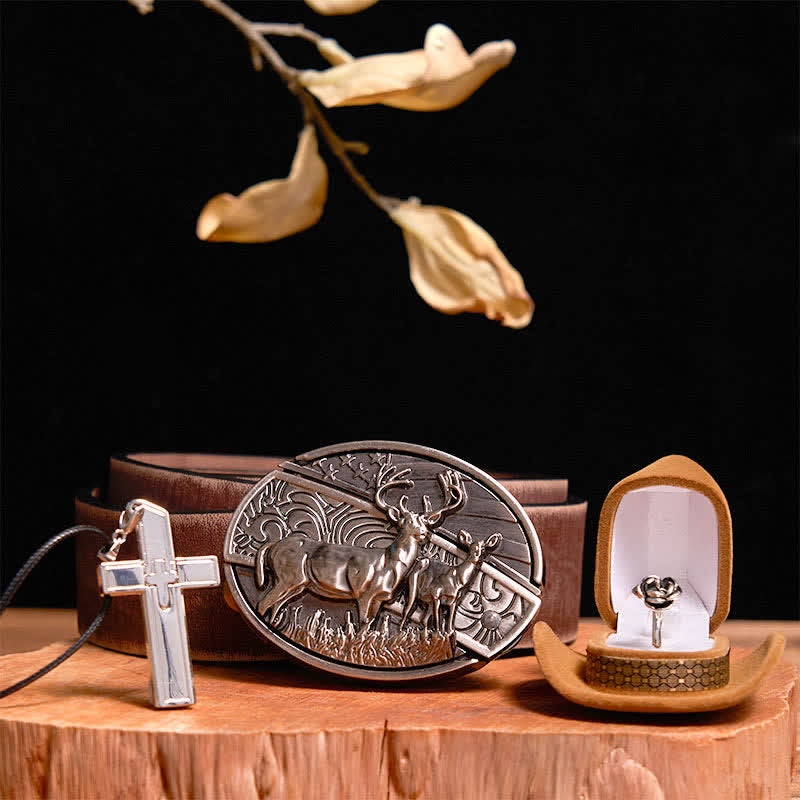 Creative DIY Deer Hidden Knife Belt Buckle Cross Necklace Rose Ring Bundle Set - Deer - Brown Distressed Belt - 42 - image 7