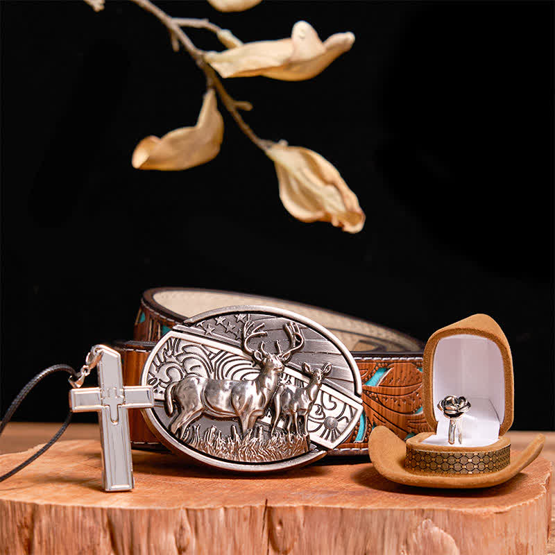 Creative DIY Deer Hidden Knife Belt Buckle Cross Necklace Rose Ring Bundle Set - Deer - Turquoise Carved Belt - 42 - image 5