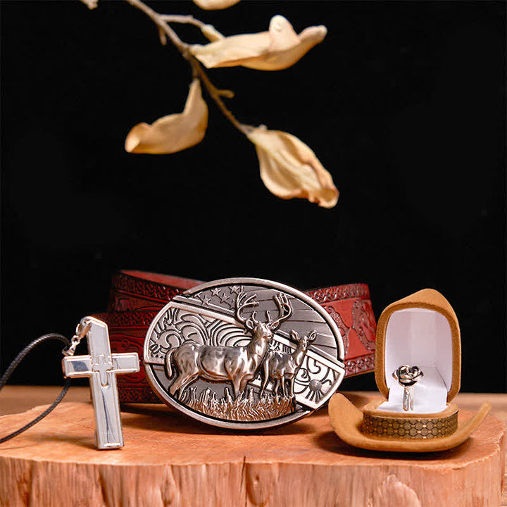 Creative DIY Deer Hidden Knife Belt Buckle Cross Necklace Rose Ring Bundle Set - Deer - Brown Carved Belt - 42 - image 8