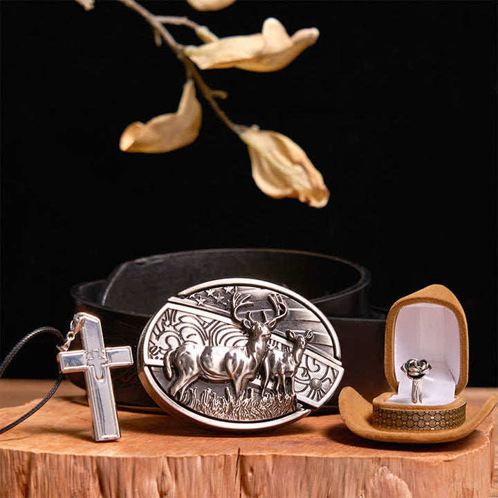 Creative DIY Deer Hidden Knife Belt Buckle Cross Necklace Rose Ring Bundle Set - Deer - Black Embossed Eagle Belt - 42 - image 0